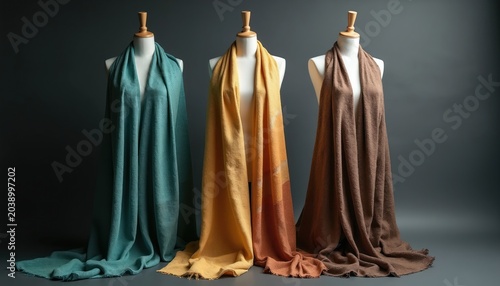 Three draped fabric scarves in teal, yellow-orange gradient, and brown shades displayed on mannequins. Soft textile materials with frayed edges create elegant fashion accents and home decor options.