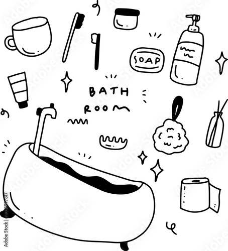 Hand drawn bathroom element doodle set isolated on white background, bathtub, soap, toothbrush, toilet paper vector illustration