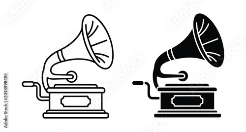 Vintage gramophone icon set featuring classic phonograph record player with horn and crank in outline and solid black silhouette styles
