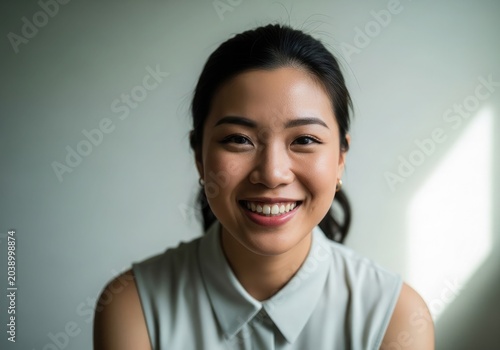 Close up portrait of a smiling asian woman with natural makeup looking directly at the camera with confidence