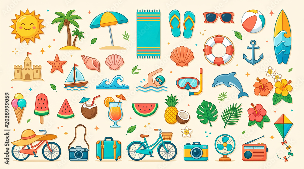 Fototapeta premium Large collection of colorful summer beach elements and tropical vacation icons vector illustration