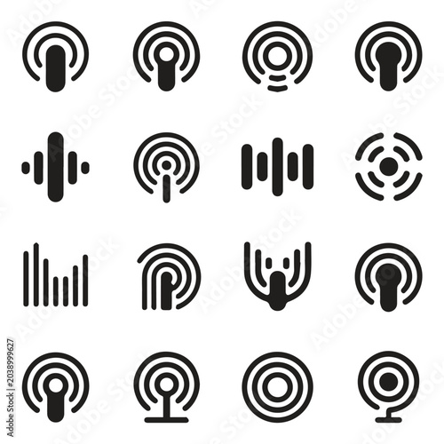 Collection of podcast and radio signal connectivity icons with broadcast