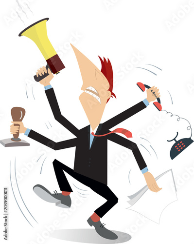 Busy businessman with many hands trying to do a lot of things at once