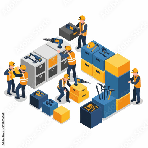 Fotografie Construction workers assembling modular building components with tools