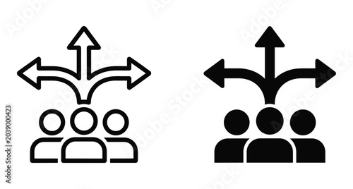 Business team decision making icon set with three people and arrows pointing in different directions for career path and strategy guidance