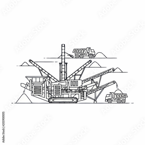 Cuadro en lienzo Industrial stone crushing machine and dump trucks in operation.