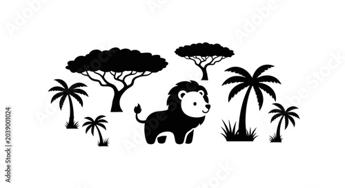 Photography Cute cartoon lion standing in a tropical savanna landscape silhouette