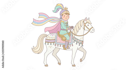 Canvastavla Cute cartoon prince riding a white horse illustration.