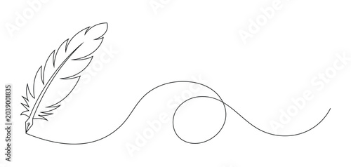 Feather quill pen drawing a continuous wavy line isolated on white background.