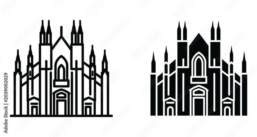 Obraz premium Milan Cathedral Duomo di Milano Italy landmark architecture icon set vector line art and solid silhouette style gothic church building