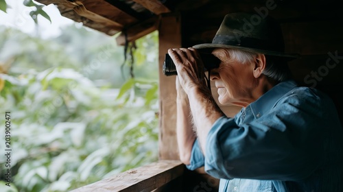 Elderly man with a hat using binoculars for wildlife watching and birdwatching, observing nature from a wooden blind