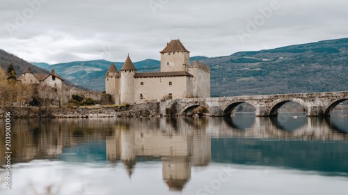 Historic stone castle with turrets reflecting in calm lake water, connected by an arch bridge under overcast sky