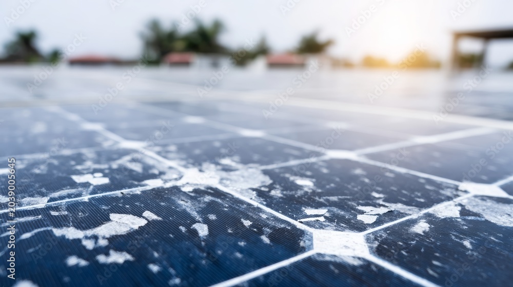 Fototapeta premium Solar panel damage from hail impact on residential rooftop, illustrating weather resilience and energy system vulnerability