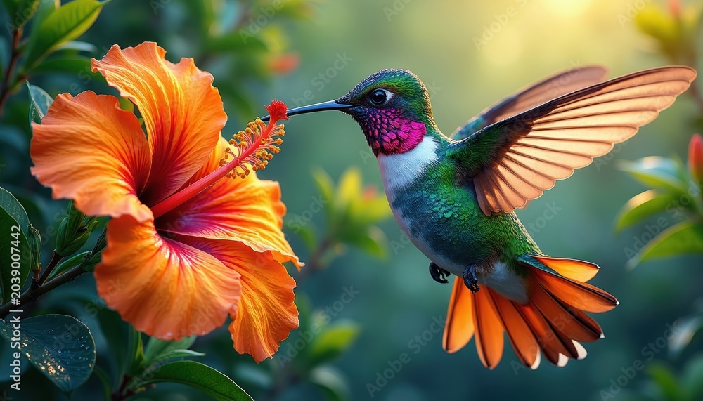 Fototapeta premium Tiny hummingbird hovers near bright orange hibiscus flower. Small bird sips nectar from blossom in green garden. Wings beat fast, iridescent feathers gleam in soft sunlight.
