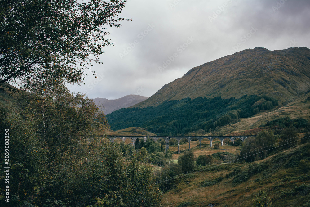 Naklejka premium The historic Glenfinnan Viaduct surrounded by lush green hills, Scottish Highlands