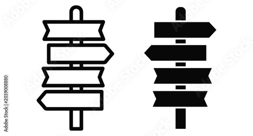 Directional signpost icon set with multiple arrows pointing left and right for navigation travel guidance and decision making path options