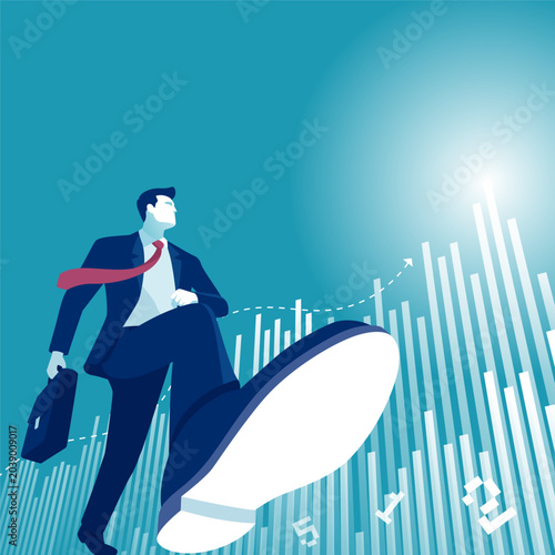 Beginning. First step to success.. Illustration of a manager walking towards a growing business graph.
