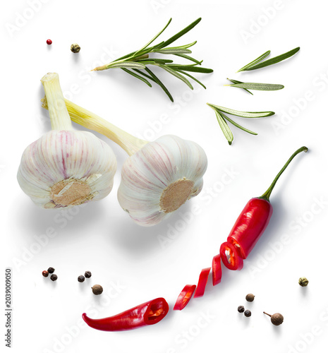 garlic bulbs, chili pepper and green organic rosemary leaves isolated on white background. Transparent background and real natural transparent shadow; Ingredient, spice for cooking. collection for cul