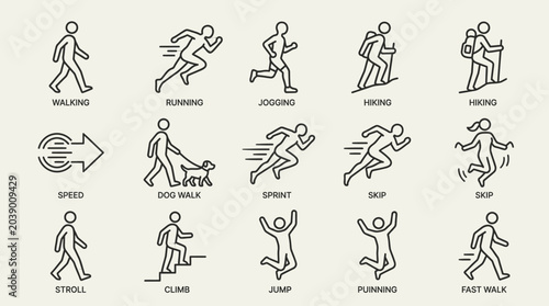 Collection of stick figure icons representing various human activities and movements.