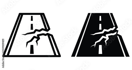 Cracked road icon set showing earthquake damage asphalt street destruction infrastructure failure maintenance needed broken highway path symbol for disaster warning