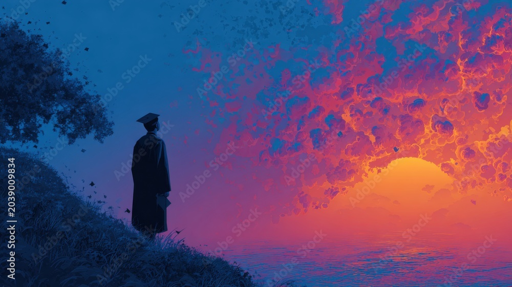 Obraz premium mental state concept, life stage, mix emotion of a lonely silhouette new graduate facing an uncertain future 