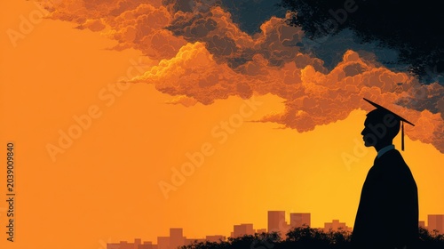 mental state concept, life stage, mix emotion of a lonely silhouette new graduate facing an uncertain future
