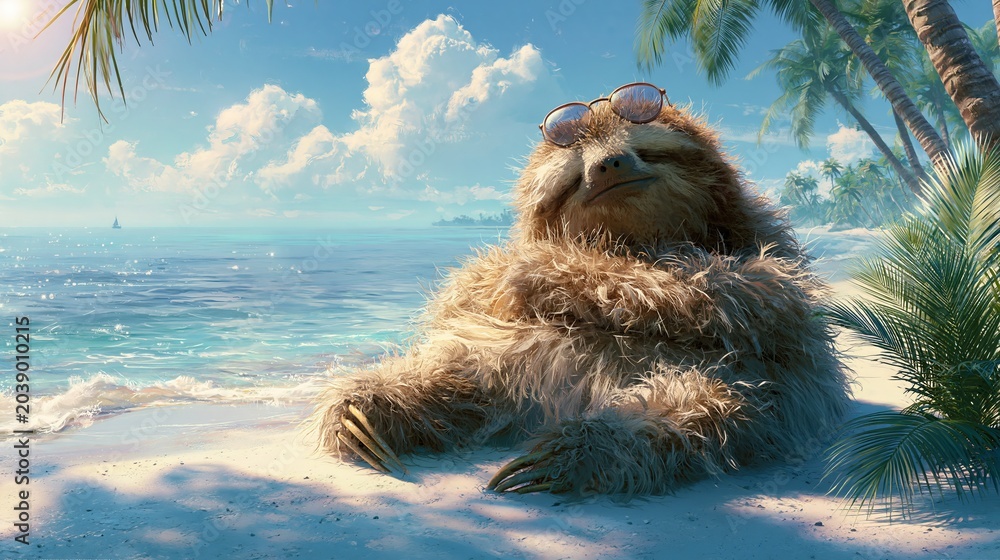 Fototapeta premium Furry sloth chills on the beach.