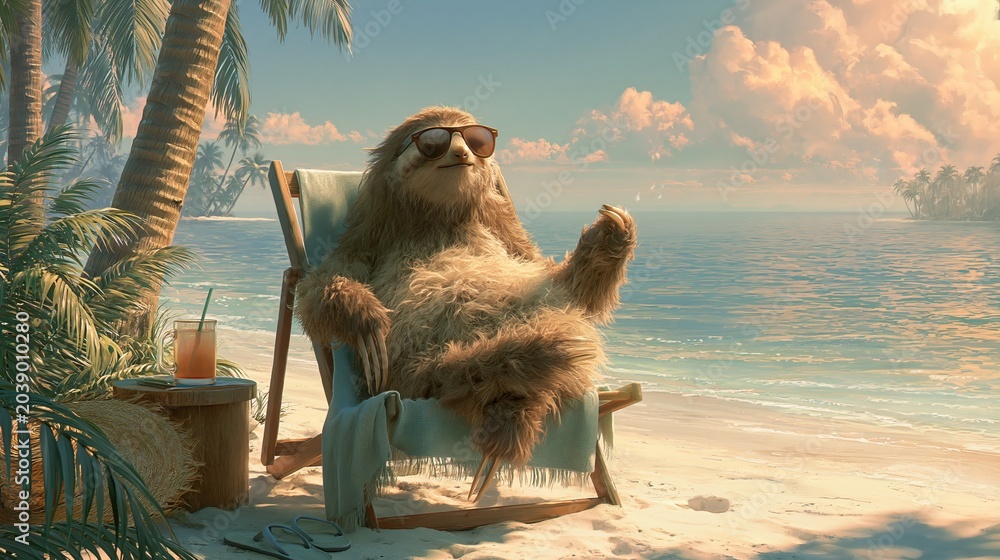 Fototapeta premium Furry sloth chills on the beach.