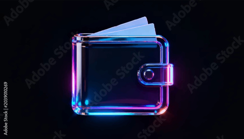 Vector 3D icon with a long payment account in a wallet with a bank card. Dark background, neon glow, glass texture.