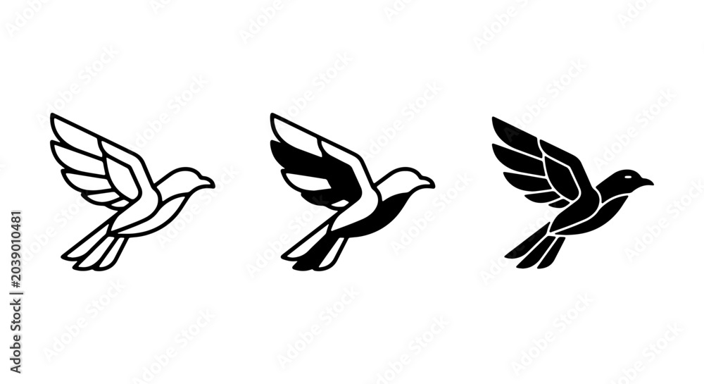 Fototapeta premium Vector Bird Icons Set, Minimalist Flying Dove Graphics, Freedom Symbol Silhouettes, Simple Animal Art