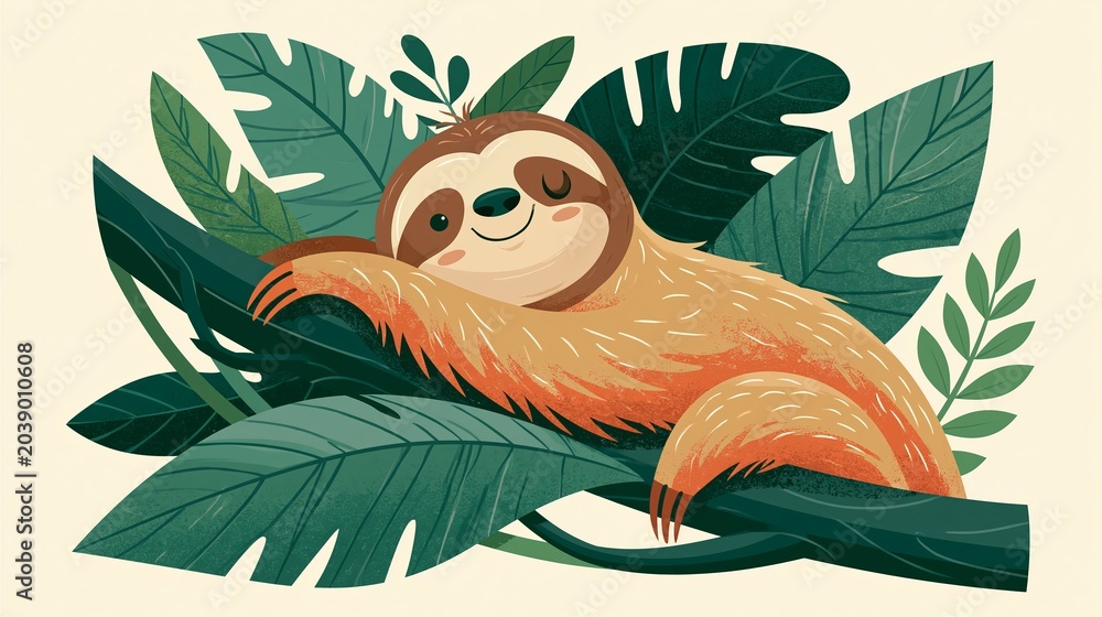 Fototapeta premium Cute sloth on a tree, surrounded by big green leaves. Happy jungle creature shown simply. Great for kids' stuff like prints, stickers, and cards.