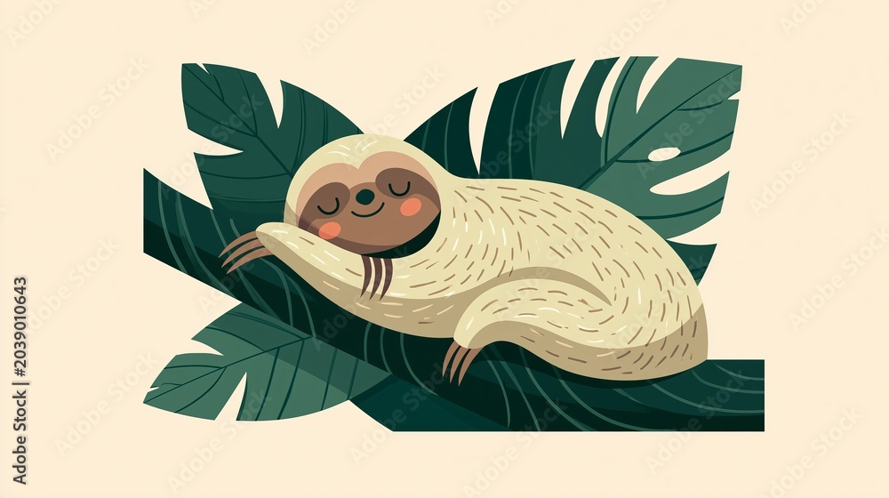 Fototapeta premium Cute sloth on a tree, surrounded by big green leaves. Happy jungle creature shown simply. Great for kids' stuff like prints, stickers, and cards.