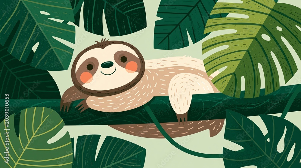 Fototapeta premium Cute sloth on a tree, surrounded by big green leaves. Happy jungle creature shown simply. Great for kids' stuff like prints, stickers, and cards.