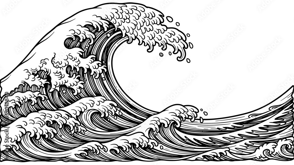 Fototapeta premium A dramatic black and white illustration of a powerful ocean wave crashing with intricate foam details.