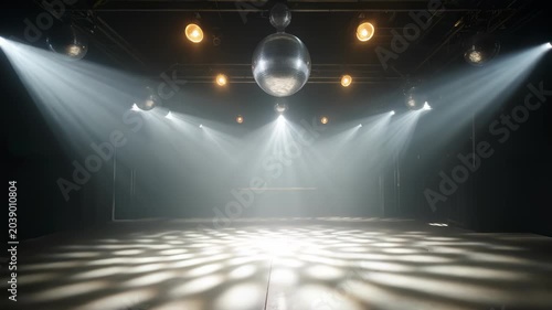 Disco balls casting patterned light across empty dance floor in dark club interior