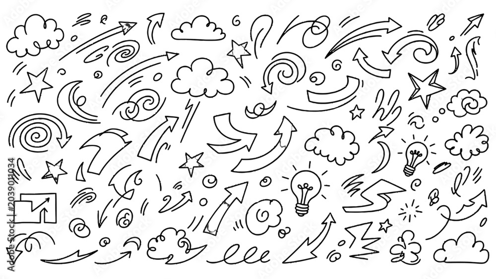 Fototapeta premium Doodle Elements: A collection of hand-drawn doodles including arrows, clouds, stars, light bulbs, and swirls, perfect for adding a creative touch to designs.