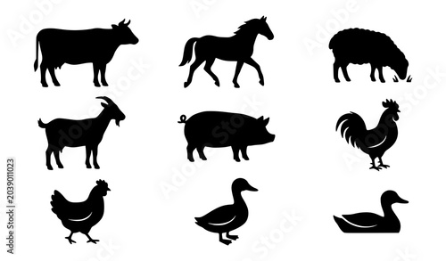 Photos Minimal Black Silhouette Farm Animals Collection Vector Illustration Set of Rura