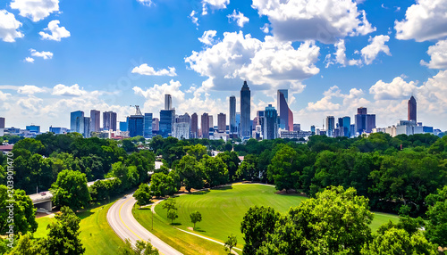 city skyline vista with lush green parkland and winding road under a blue cloudy sky, urban landscape panorama