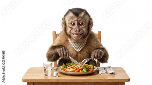 Funny Monkey Dining Concept Isolated on White