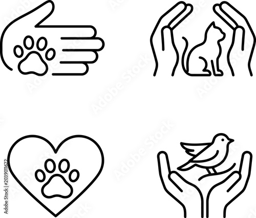 Black line icons of hands holding animals and pet love symbols