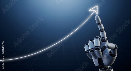 Close-up of a robotic hand pointing at a glowing white arrow indicating upward growth and success on a dark blue background.