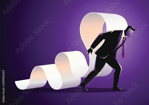 Photos Businessman struggling to carry long winding paper scroll bill, a concept for de