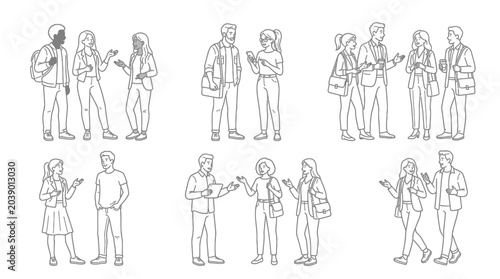 Diverse group of young adults interacting outdoors line art illustration.