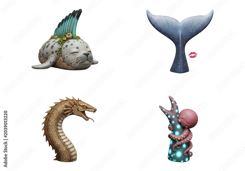 Fototapeta premium 4 Mythical Sea Creatures Vector Illustration Set isolated on transparent background
