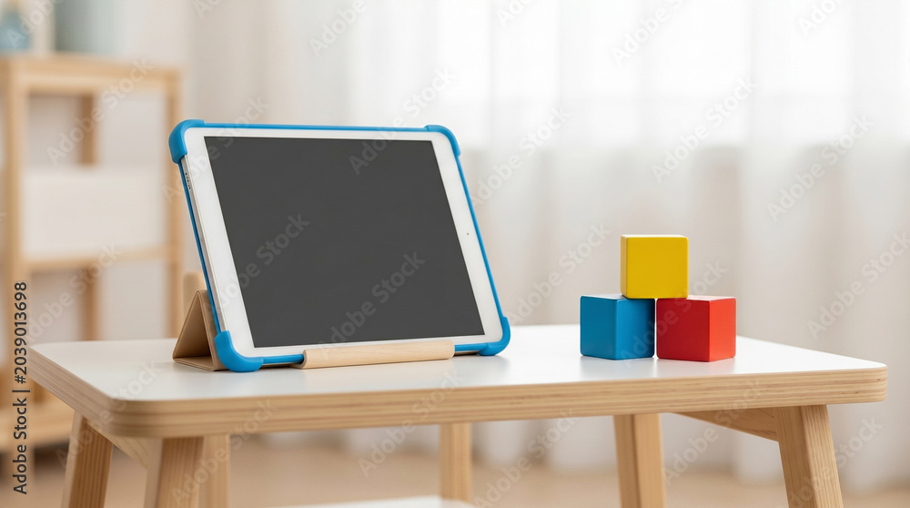 Fototapeta premium Blank digital tablet and colorful wooden blocks on a child's desk, ideal for early childhood EdTech mockups and preschool learning marketing.
