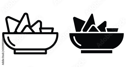 Nachos bowl icon set with tortilla chips and dip sauce in outline and solid glyph style for Mexican food menu