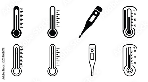 Thermometer Silhouettes Black Line Icons On White Background