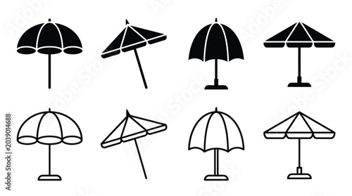 Beach Umbrella Silhouettes Black Vector Illustration Set