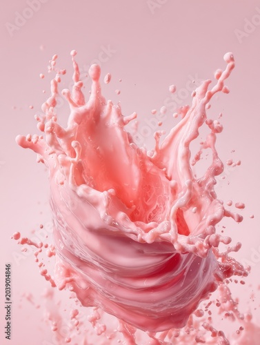 High-speed capture of a splash of pink cereal milk against a white studio background.