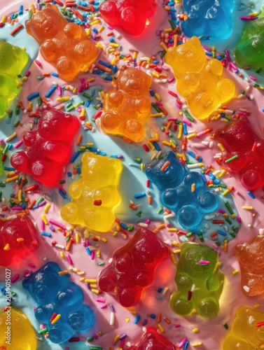 Colorful giant gummy bear melting on a stack of pancakes seen from an overhead view in a playful kitchen setting.